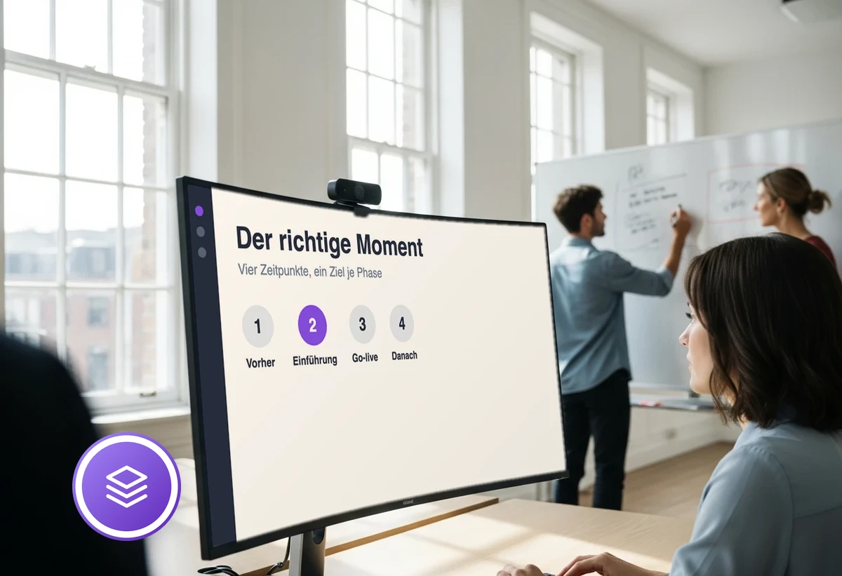Am Bildschirm die vier Zeitpunkte einer Odoo-Schulung im Projektverlauf