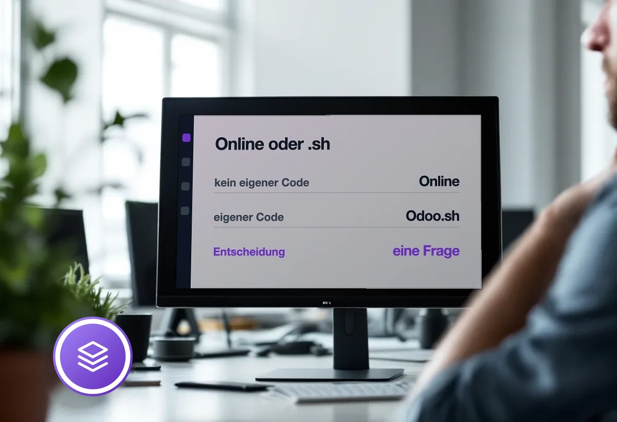 Bildschirm mit der Entscheidung zwischen Odoo Online und Odoo.sh anhand der Frage nach eigenem Code