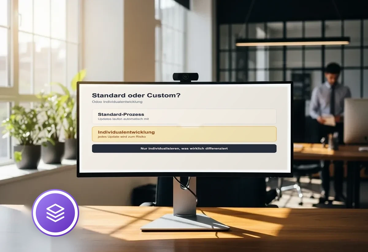 Bildschirm mit dem Vergleich Standard-Prozess gegen Individualentwicklung: Updates laufen automatisch mit gegen jedes Update wird zum Risiko