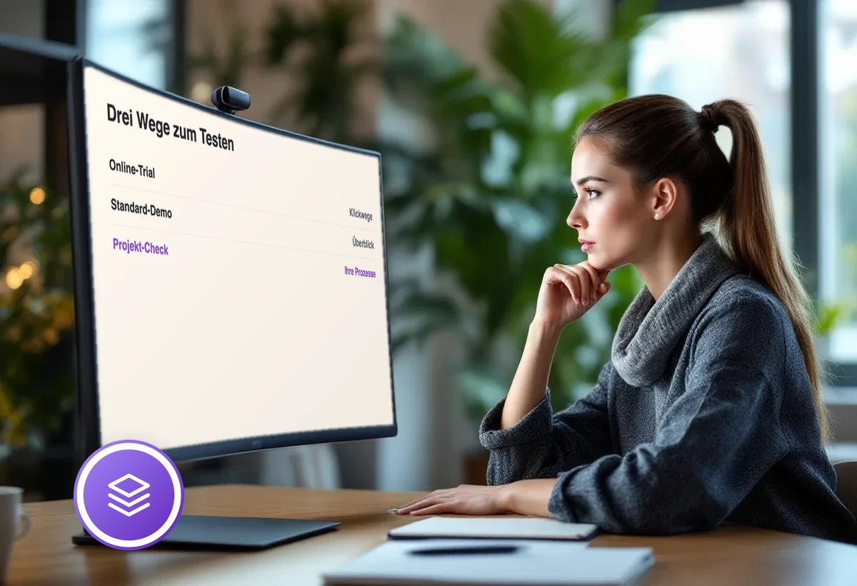 Bildschirm mit dem Vergleich der drei Wege zum Testen: Trial, Standard-Demo und Projekt-Check