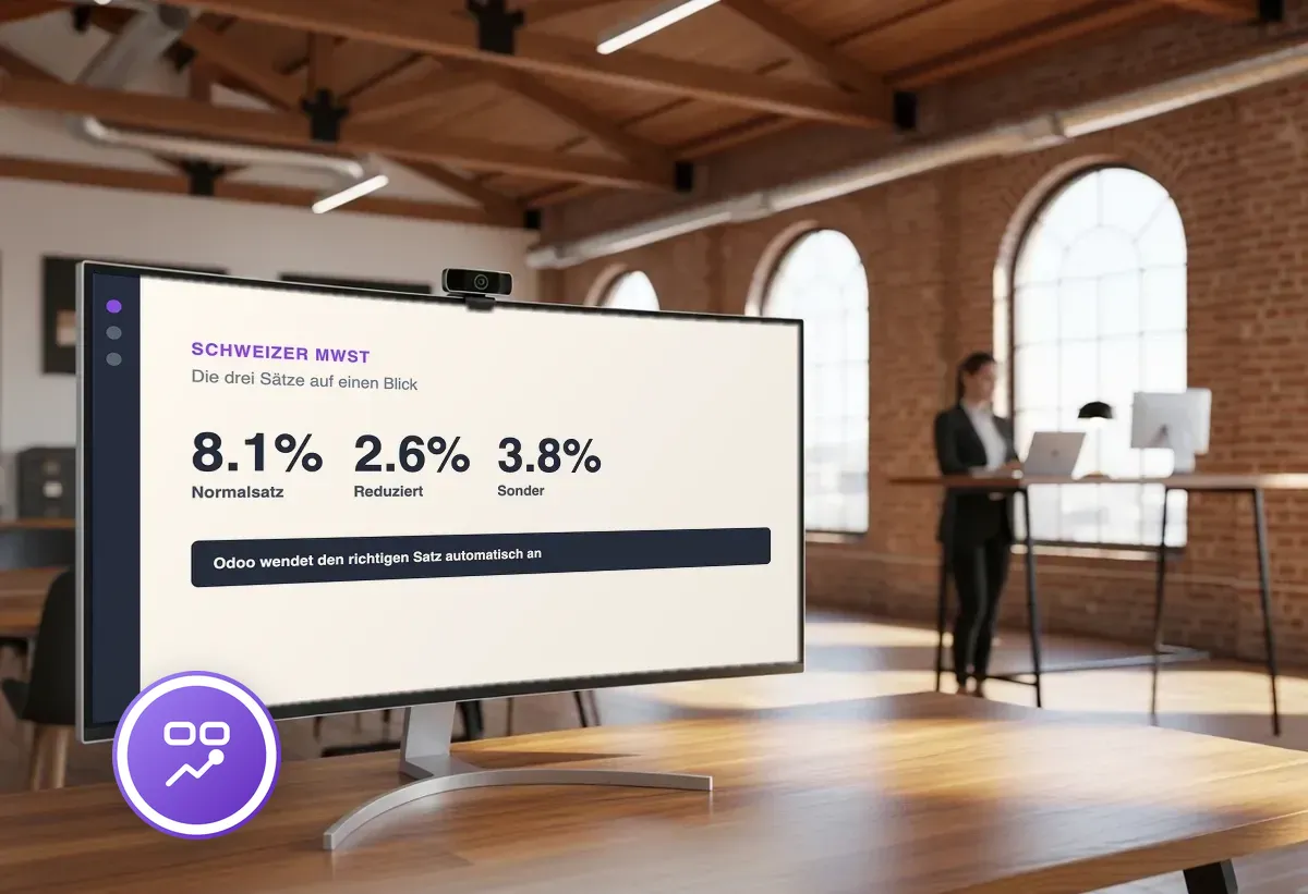 Curved-Monitor in einem Loft-Büro zeigt die drei Schweizer MWST-Sätze 8.1, 2.6 und 3.8 Prozent