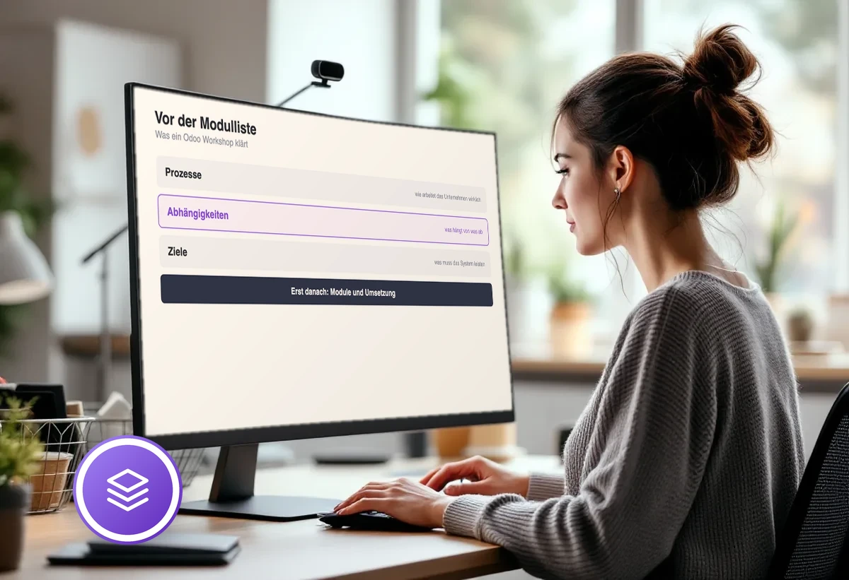 Bildschirm mit den Punkten, die ein Odoo Workshop vor der Modulliste klärt: Prozesse, Abhängigkeiten, Ziele