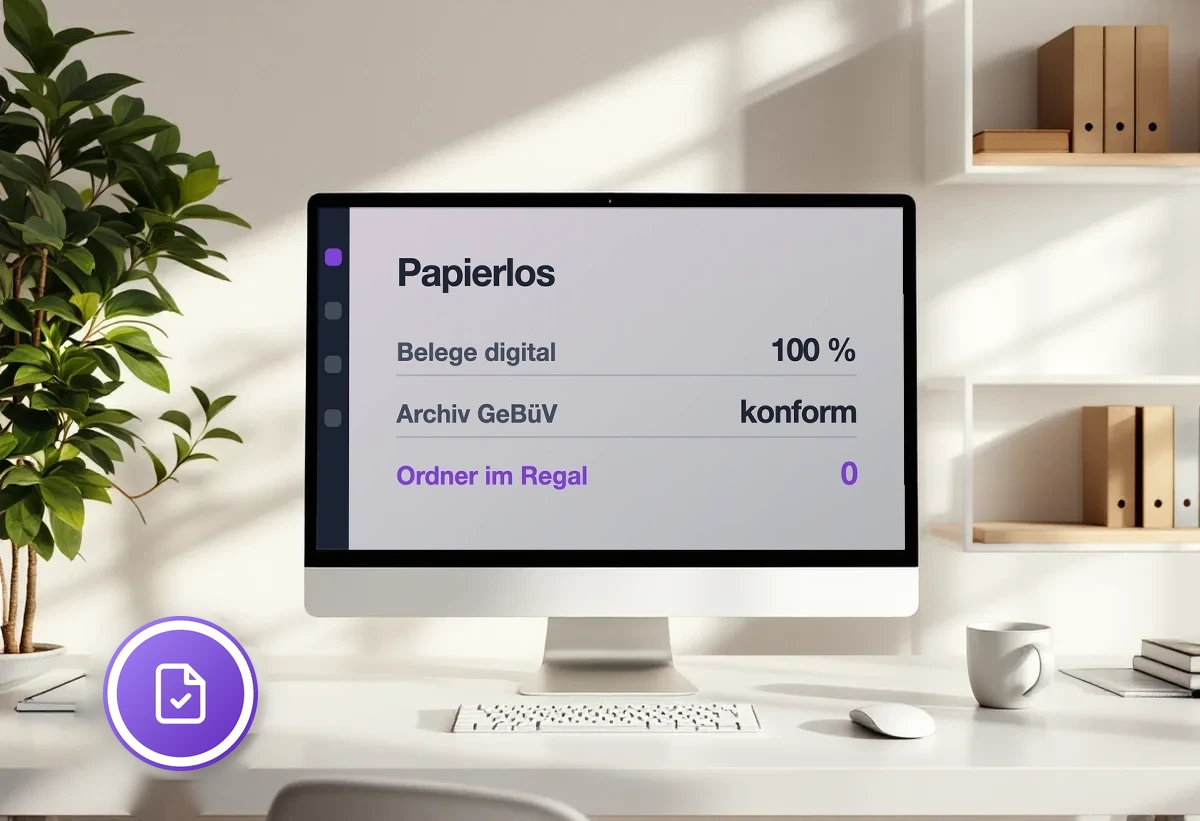 Bildschirm mit dem Stand des papierlosen Büros: Belege vollständig digital, Archiv GeBüV-konform, keine Ordner mehr