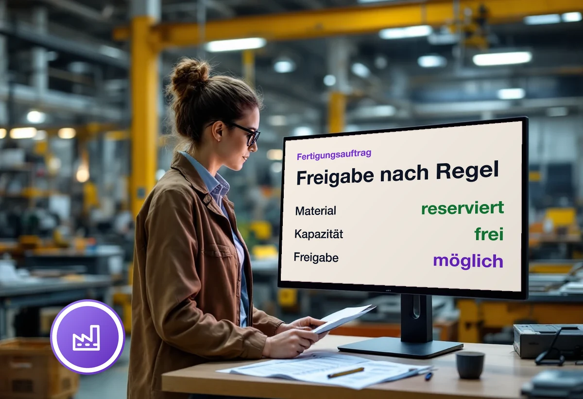 Bildschirm mit der Freigaberegel eines Fertigungsauftrags: Material reserviert, Kapazität frei, Freigabe möglich