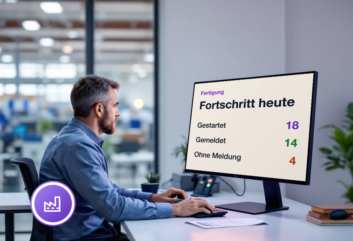 Bildschirm mit laufenden Fertigungsaufträgen und ihrem Fortschritt in Prozent