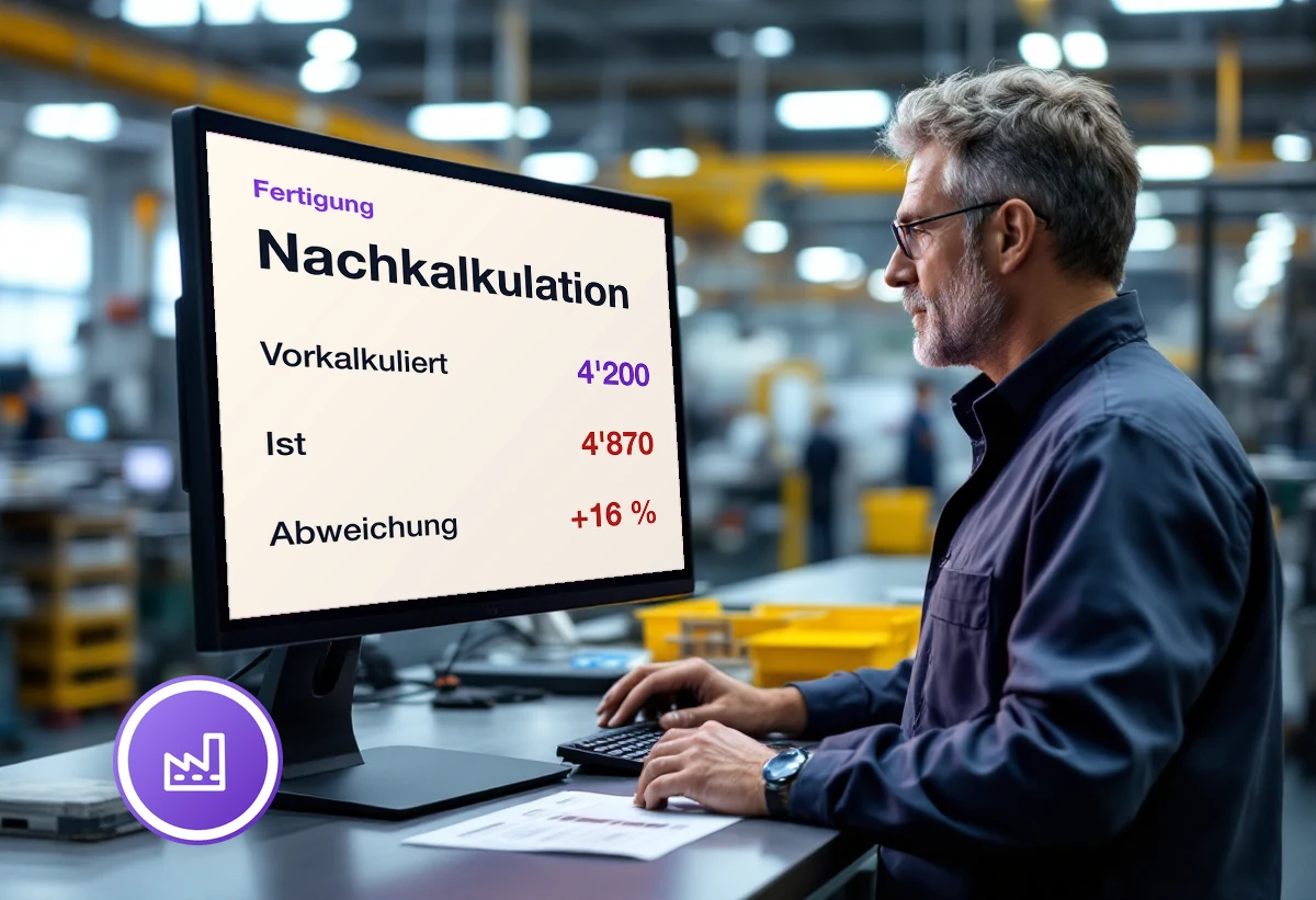 Bildschirm mit der Nachkalkulation mehrerer Fertigungsaufträge und ihrer Abweichung zur Vorkalkulation