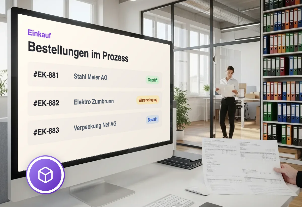 Bildschirm mit Einkaufsprozess-Übersicht in einem modernen Büro