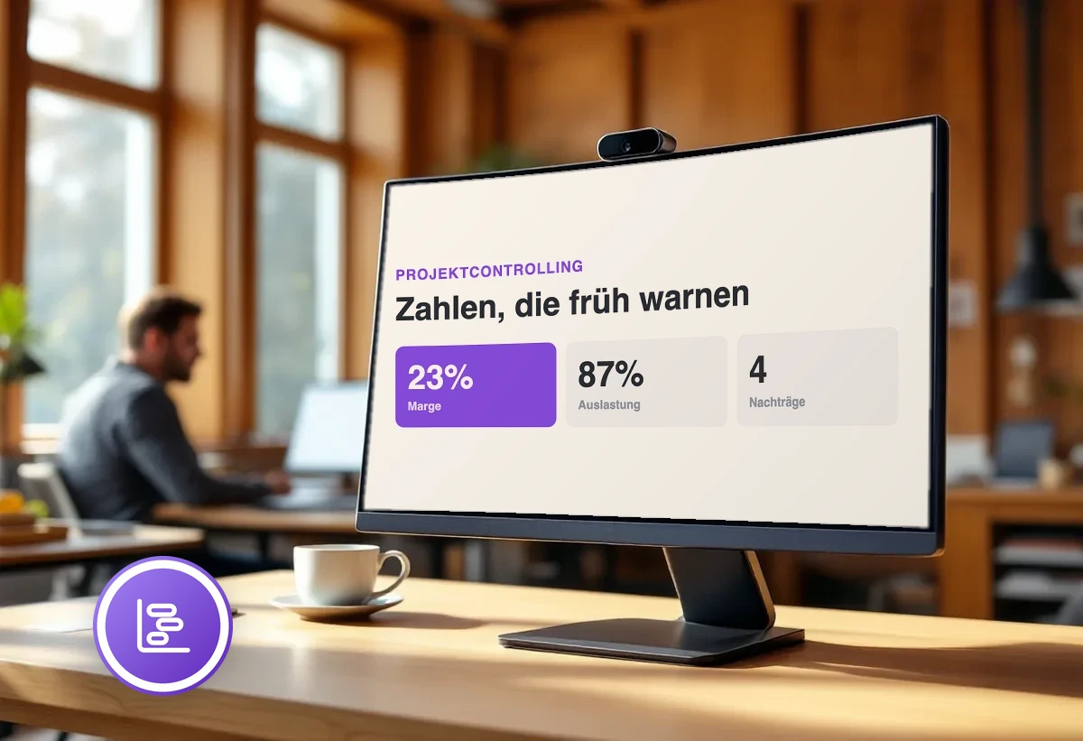 Curved-Monitor in einem holzbetonten Büro zeigt 23 Prozent Marge, früh sichtbar