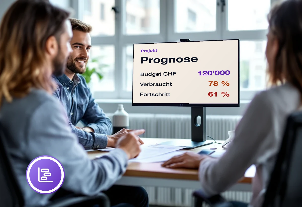 Bildschirm mit Projektsteuerung: Budget, verbrauchte Stunden und Fortschritt je Projekt