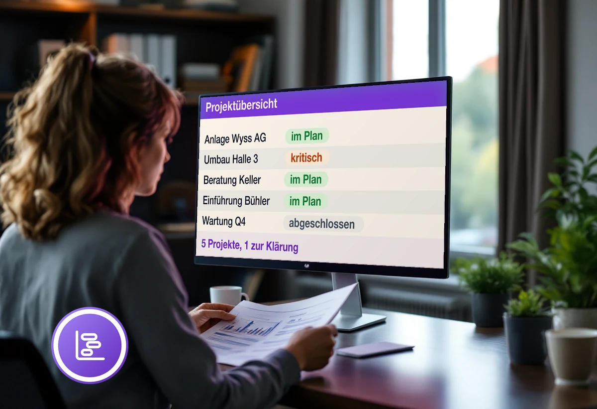 Bildschirm mit Projektübersicht eines KMU: Phasen, Zuständigkeiten und Budgetstand