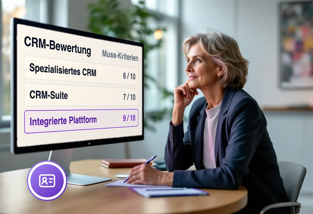 Bildschirm mit einer CRM-Bewertungsmatrix: drei Lösungsmodelle gegen zehn Muss-Kriterien, die passende Zeile ist hervorgehoben