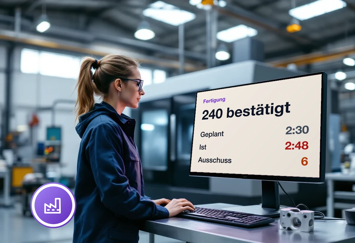 Maschinenbedienerin in einer Metallfertigung liest am Terminal neben dem Bearbeitungszentrum die Rückmeldung ihres Arbeitsgangs ab