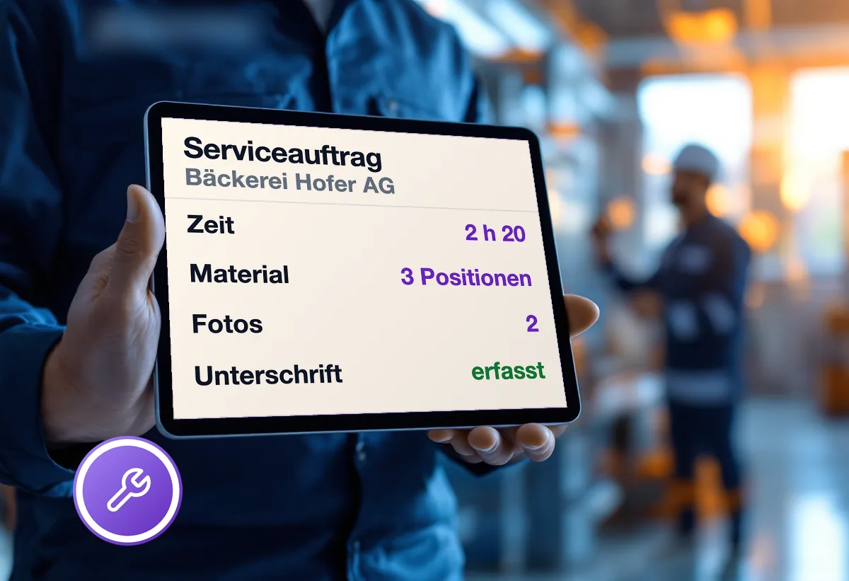 Servicetechniker hält ein Tablet mit einem Serviceauftrag: Zeit, Material, Fotos und Unterschrift direkt vor Ort erfasst