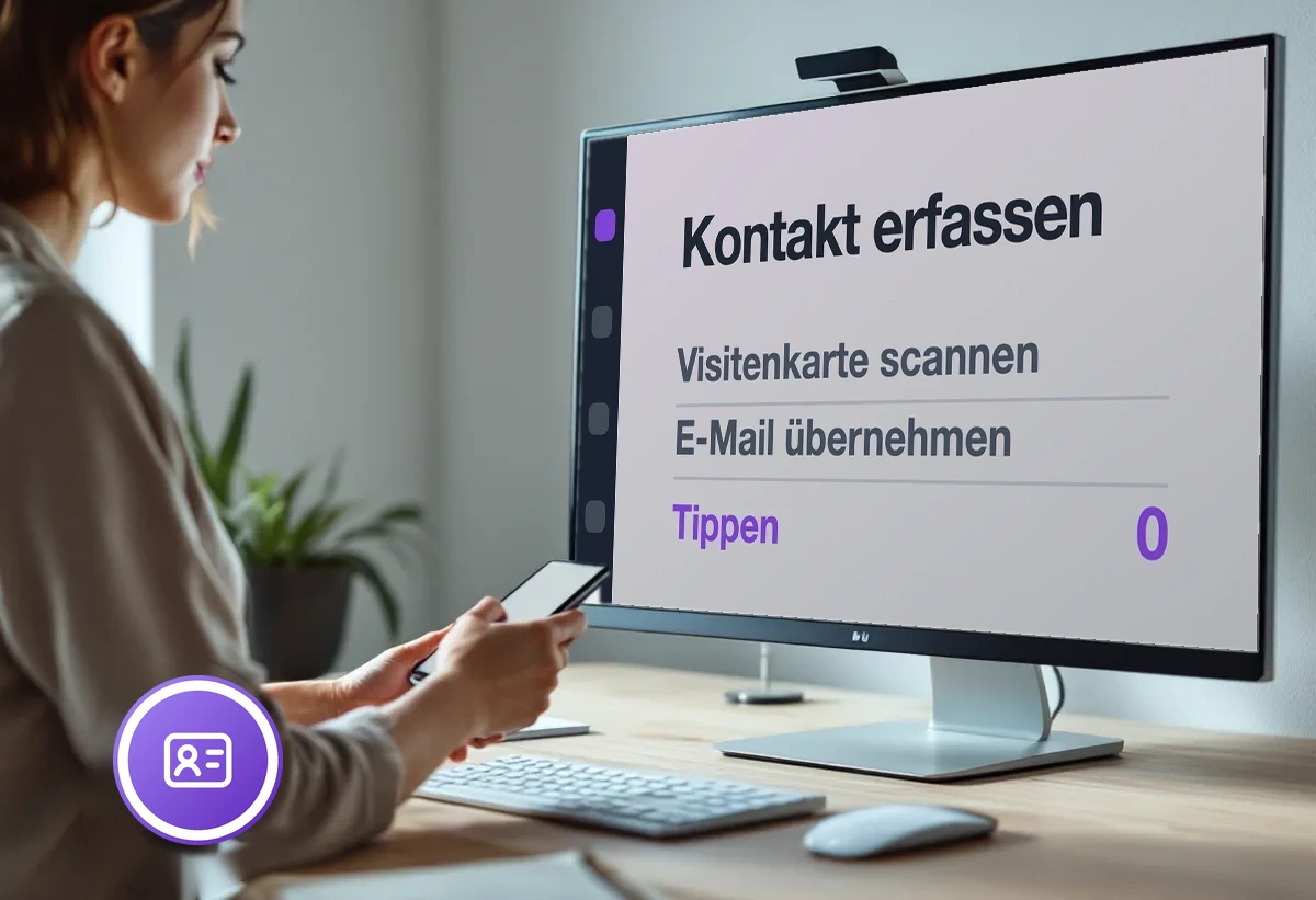 Bildschirm mit den Wegen der Kontakterfassung ohne Tipparbeit: Visitenkarte scannen, E-Mail übernehmen