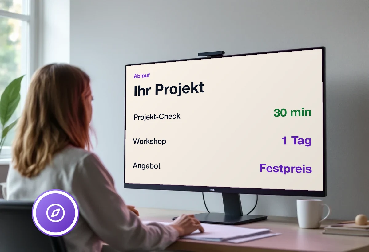 Bildschirm mit den Projektschritten von Binadoo und ihrem jeweiligen Stand
