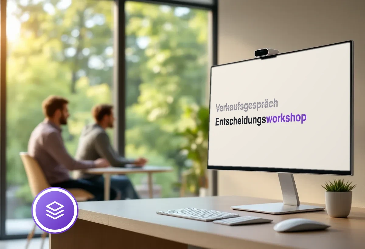 Geschäftsführerin im Gespräch mit einer Beraterin vor einem Bildschirm mit den drei Signalfragen, die Verkaufsgespräch und Workshop unterscheiden