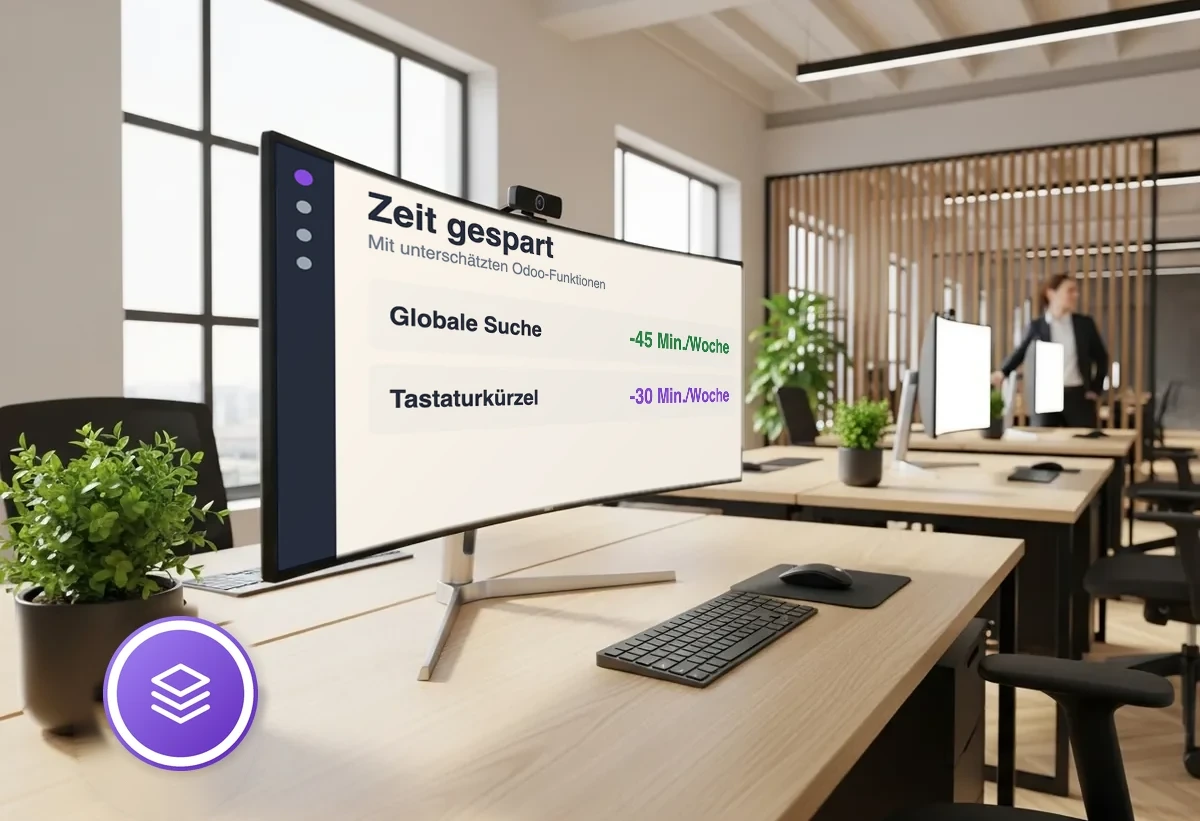 Bildschirm mit Zeitersparnis unterschätzter Odoo-Funktionen: Globale Suche -45 Min./Woche, Tastaturkürzel -30 Min./Woche
