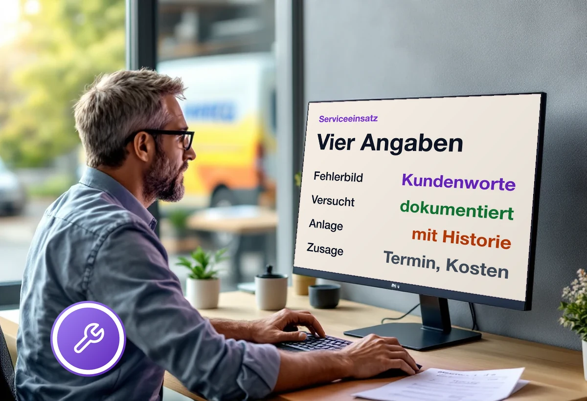 Bildschirm mit den vier Angaben, die vom Ticket zum Serviceeinsatz mitgehen müssen: Fehlerbild in Kundenworten, bereits Versuchtes dokumentiert, Anlage mit Historie, Zusage mit Termin und Kosten