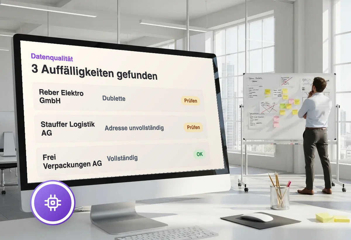 Bildschirm mit Datenqualitäts-Übersicht in einem modernen Büro