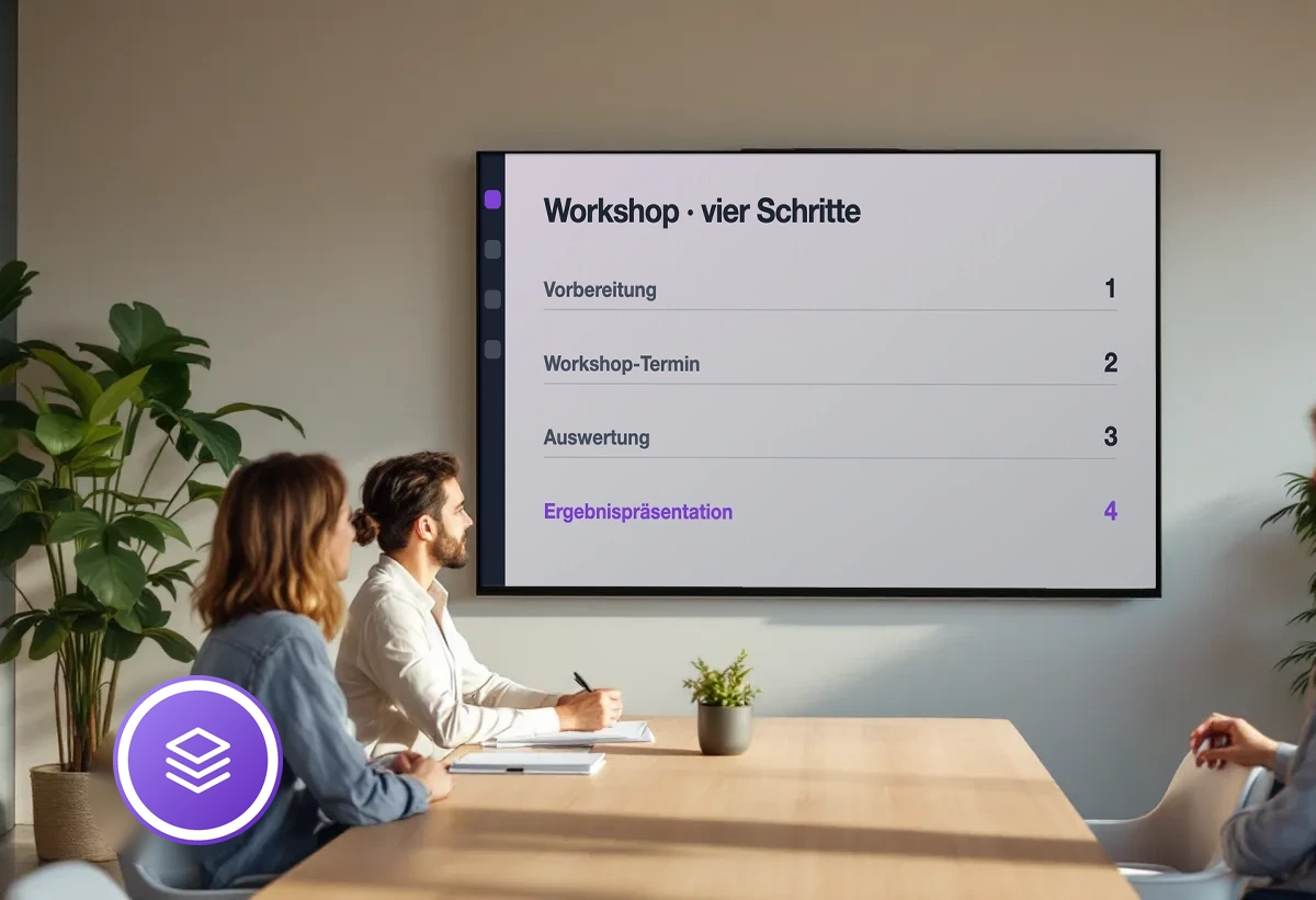 Wandbildschirm mit den vier Schritten eines Odoo-Workshops bis zur Ergebnispräsentation