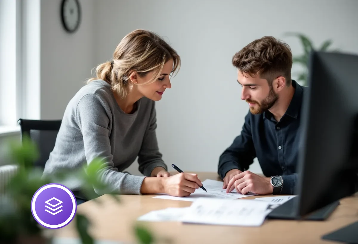 Odoo im Alltag: Eine erfahrene Kollegin erklärt einem jüngeren Mitarbeiter am Schreibtisch einen Arbeitsschritt auf einem Ausdruck