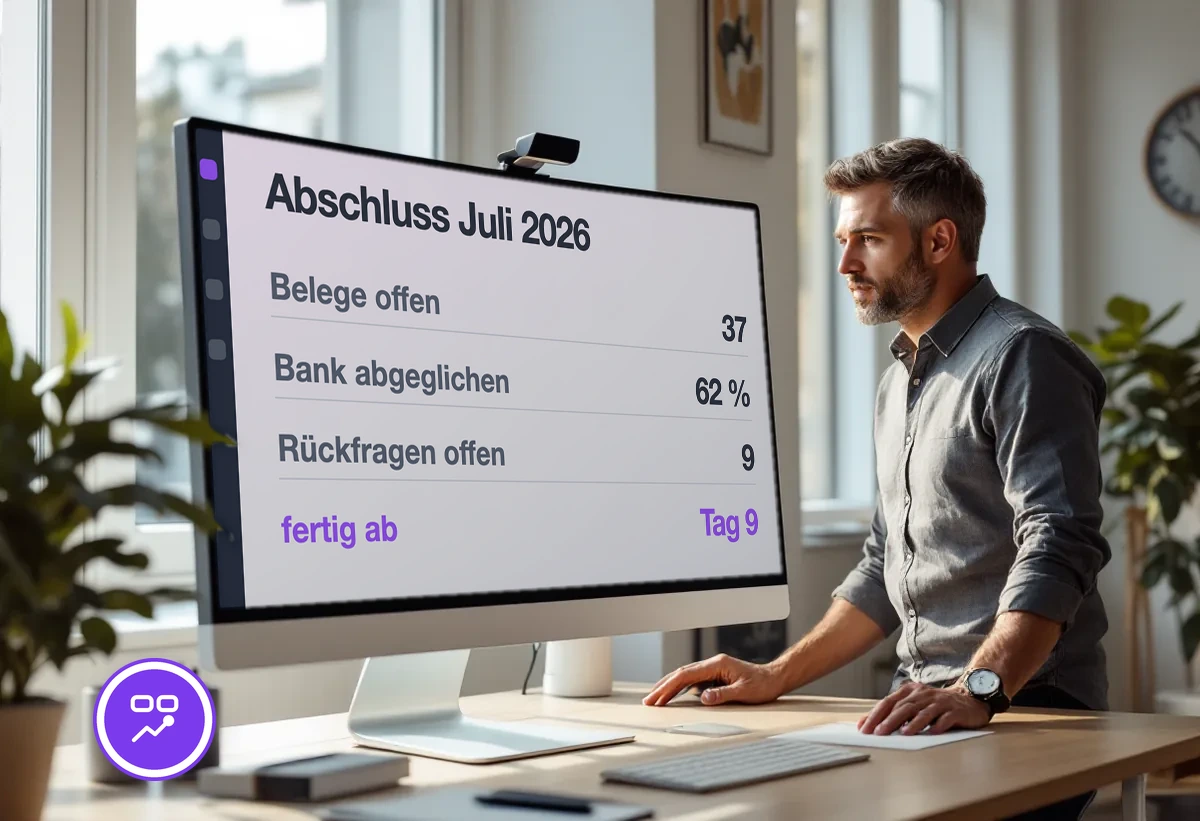 Bildschirm mit dem Stand des Monatsabschlusses: offene Belege, teilweise abgeglichene Bank, offene Rückfragen und der früheste Arbeitstag, an dem der Abschluss möglich wäre