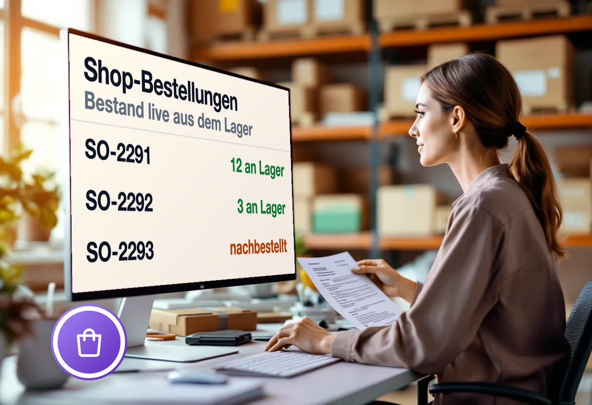Bildschirm mit Shop-Bestellungen und Lagerbestand nebeneinander in einem System