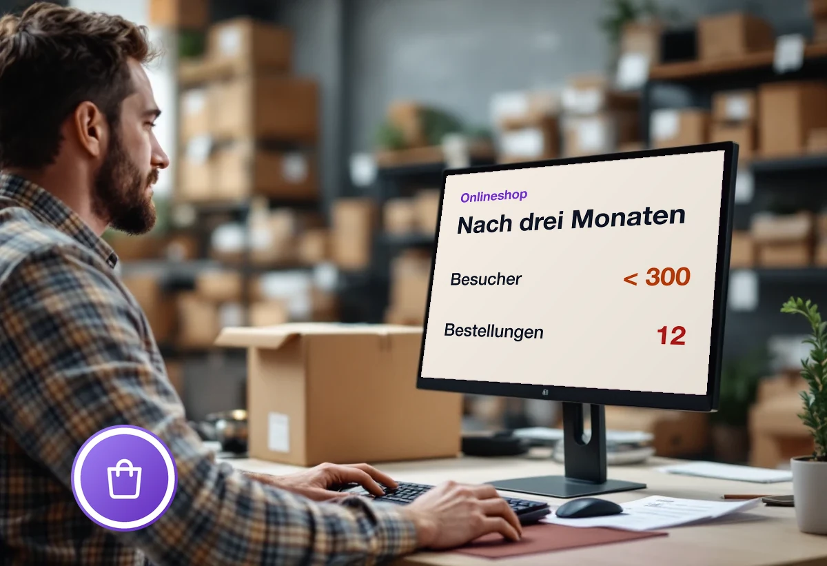 Bildschirm mit den Shop-Zahlen nach drei Monaten: unter 300 Besucher und 12 Bestellungen