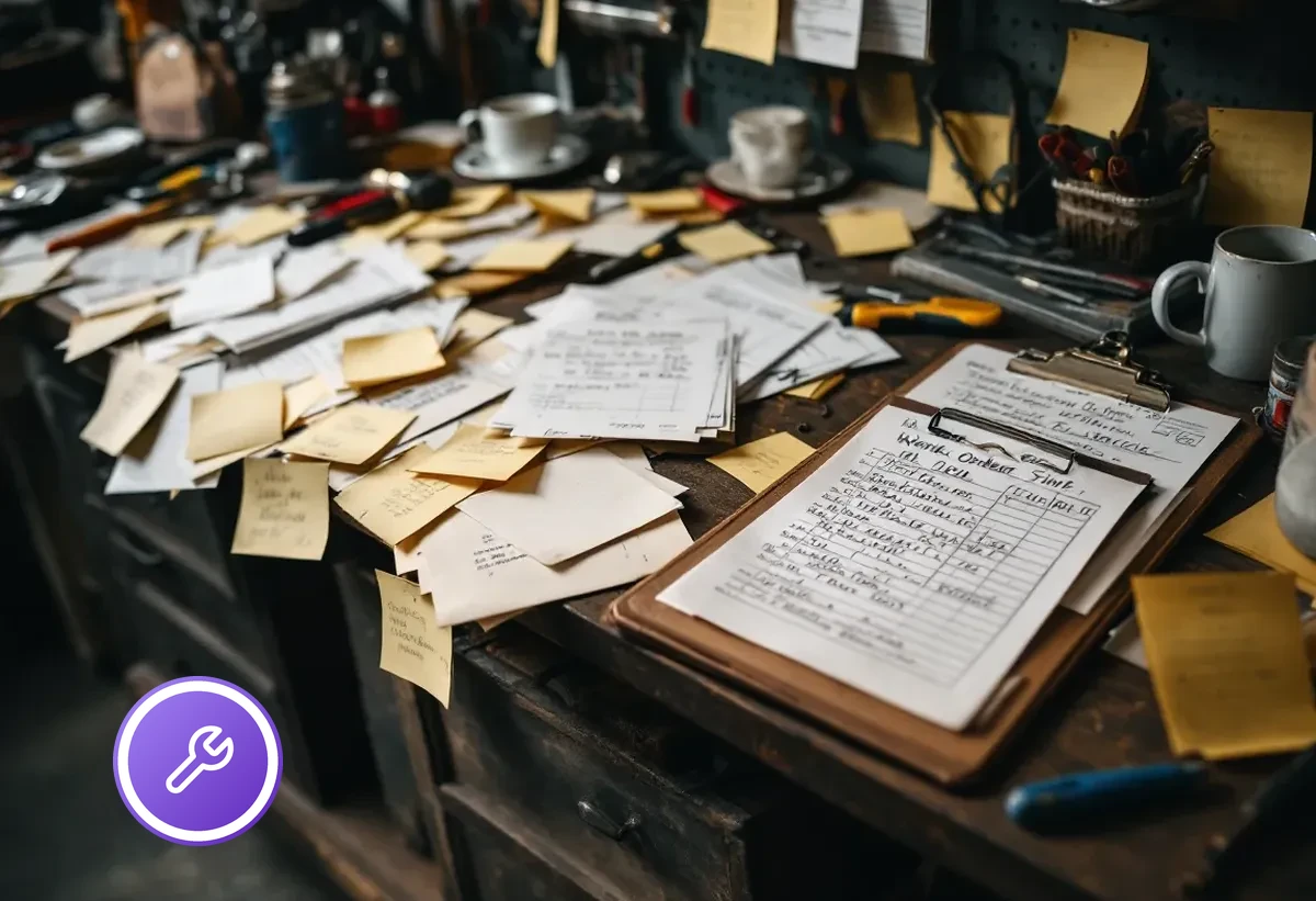 Unaufgeräumte Werkstatt mit verstreuten Papier-Rapporten, Notizzetteln und Werkzeug