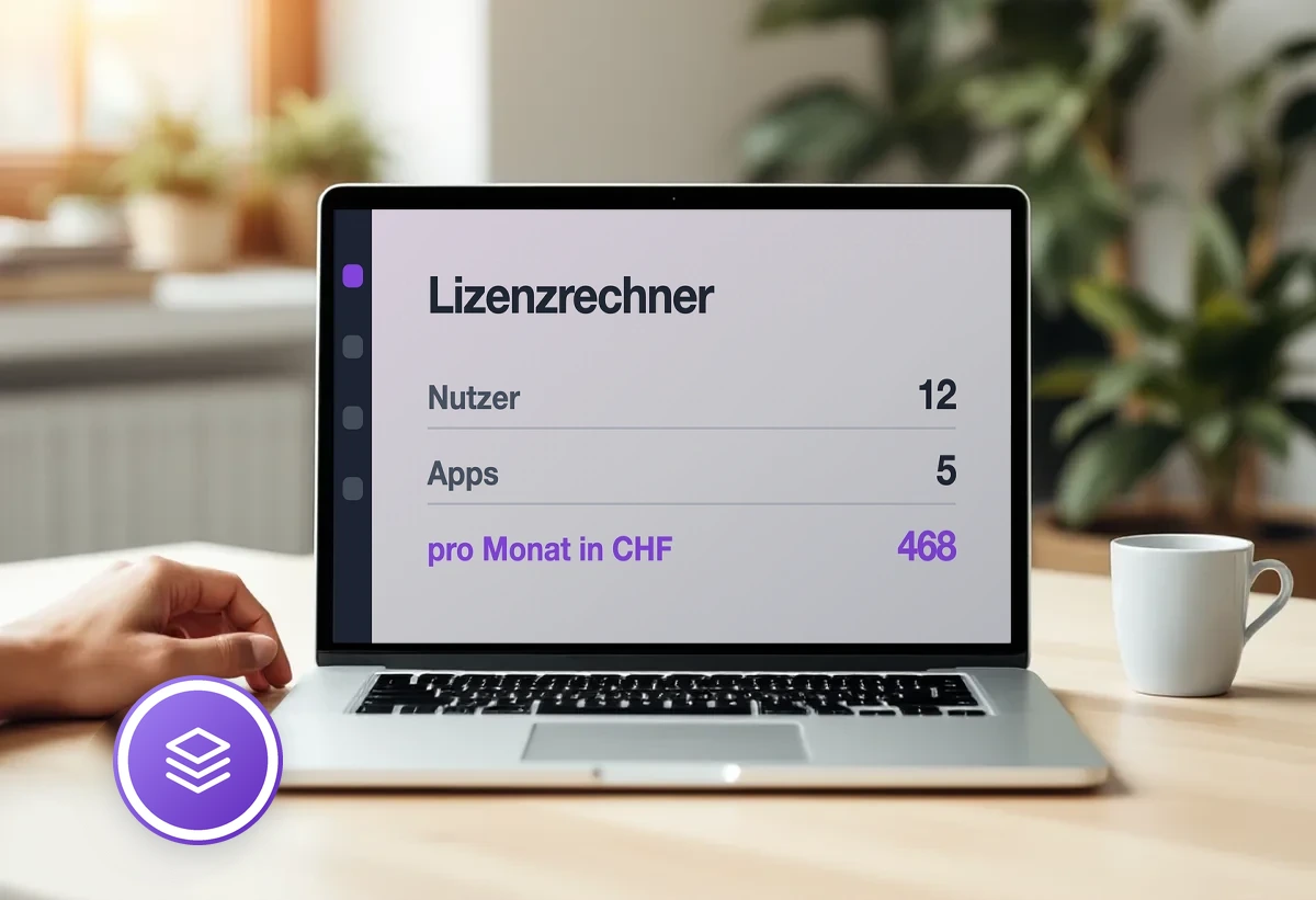 Notebook mit dem Lizenzrechner: zwölf Nutzer, fünf Apps, Monatspreis in Franken