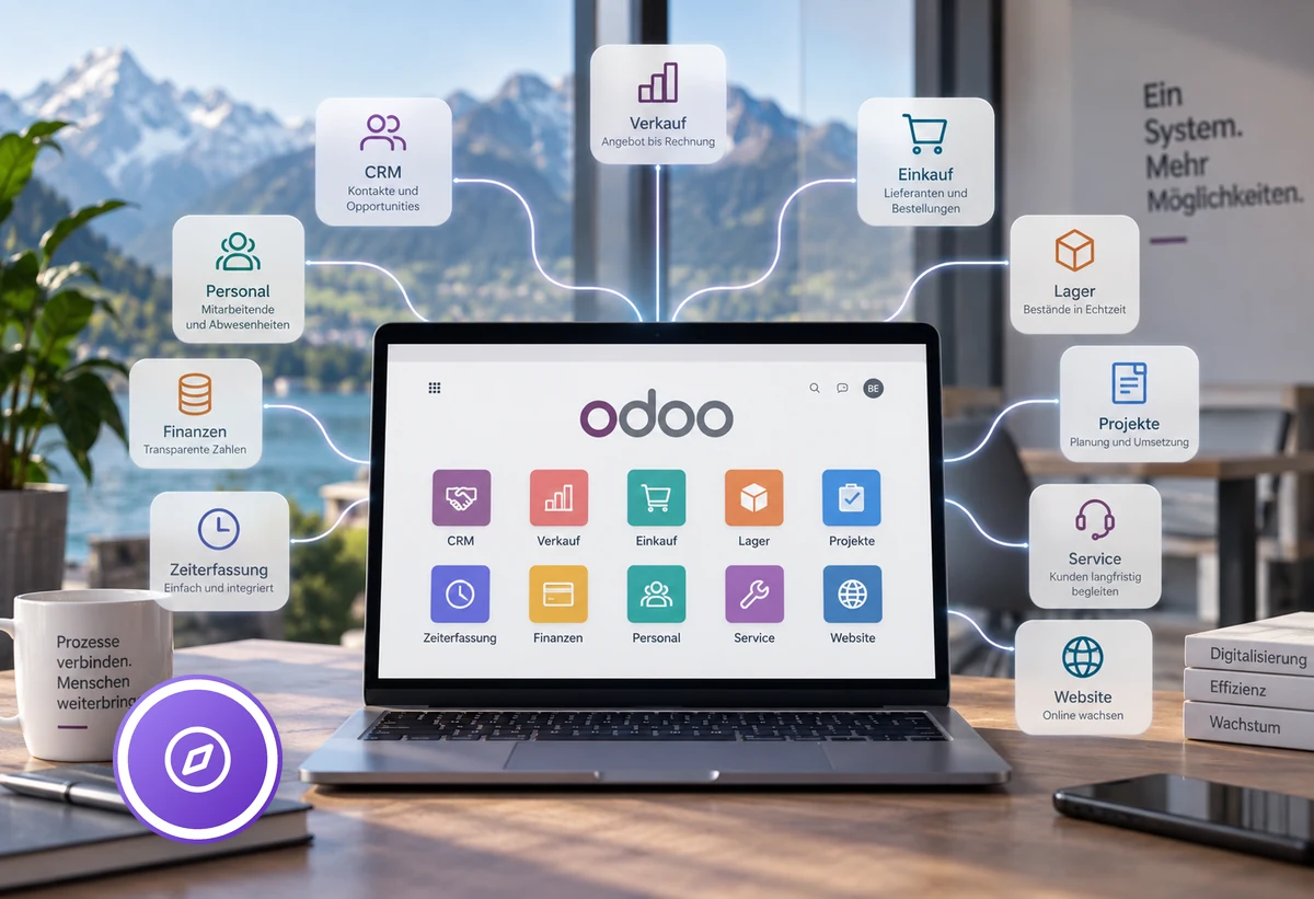 Ein System, mehr Möglichkeiten: Laptop mit der Odoo-App-Übersicht, ringsum die verbundenen Bereiche von CRM und Verkauf über Lager und Projekte bis Service und Website