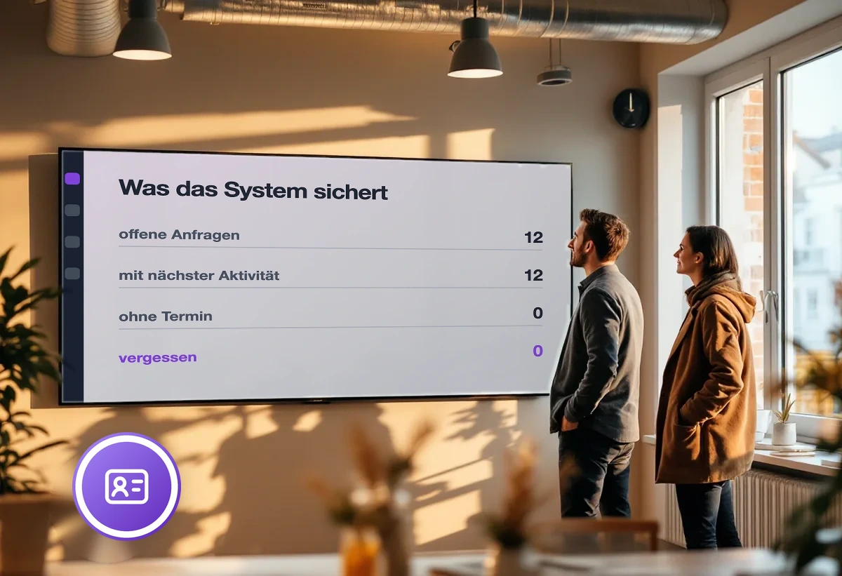 Wandbildschirm mit der Übersicht offener Anfragen, alle mit nächster Aktivität und ohne vergessene Kontakte
