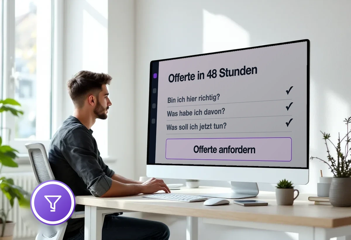 Bildschirm mit einer Landingpage: die drei Fragen des Besuchers und ein einziger Handlungsaufruf