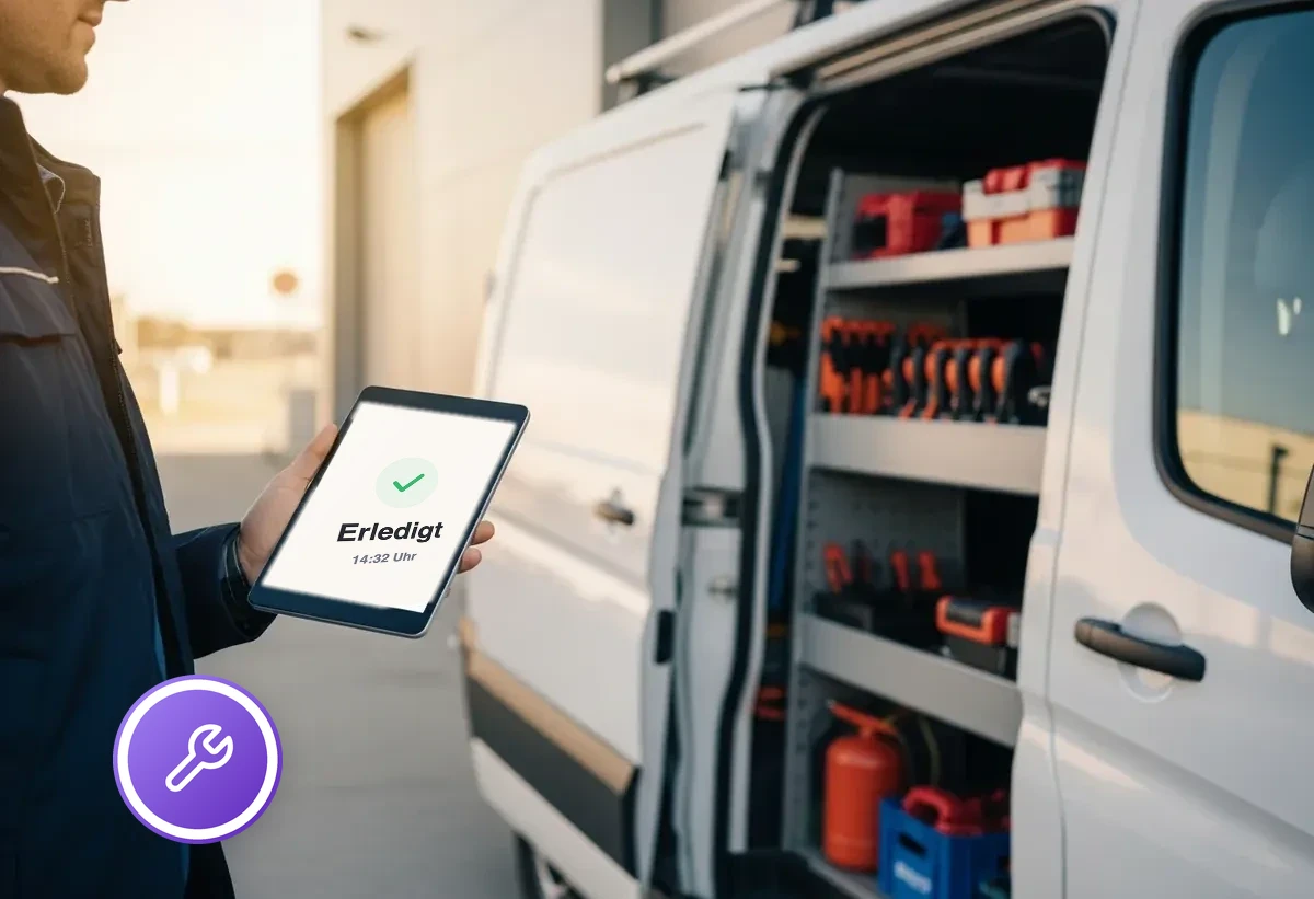 Servicefahrzeug vor Firmengebäude, Techniker mit Tablet zeigt Einsatzplan