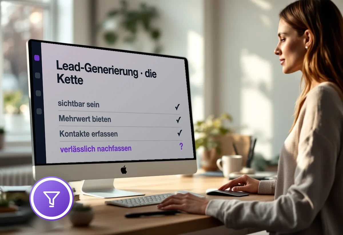 Bildschirm mit der Kette der Lead-Generierung: sichtbar sein, Mehrwert bieten, Kontakte erfassen, nachfassen