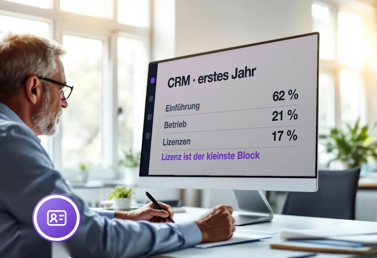 Bildschirm mit den Kostenblöcken eines CRM im ersten Jahr: Einführung 62 Prozent, Betrieb 21, Lizenzen 17