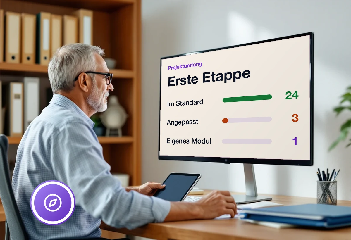 Bildschirm mit Übersicht abgeschlossener Odoo-Projekte und der jeweiligen Lehre