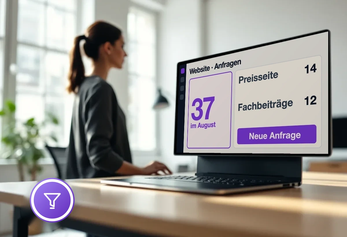 Notebook mit der Auswertung der Website-Anfragen und einer soeben eingegangenen Anfrage