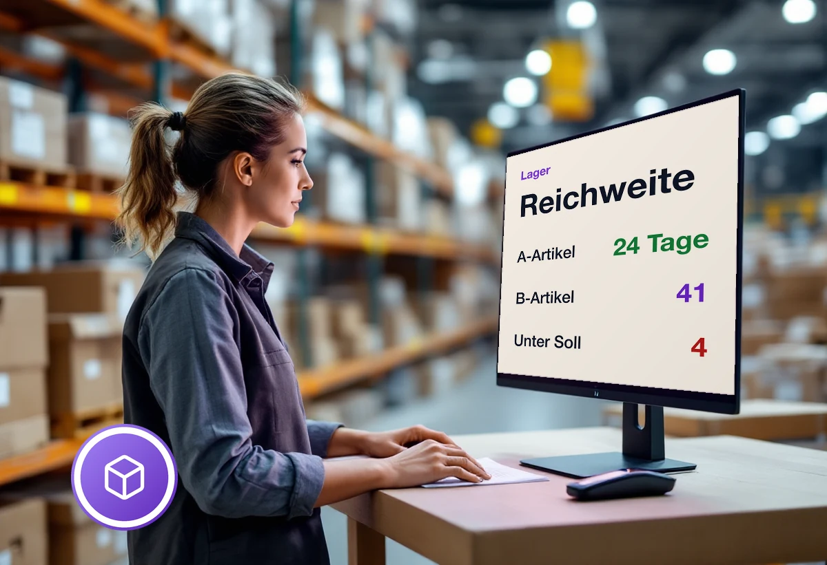Bildschirm mit Artikeln, ihrem Meldebestand und dem aktuellen Lagerbestand