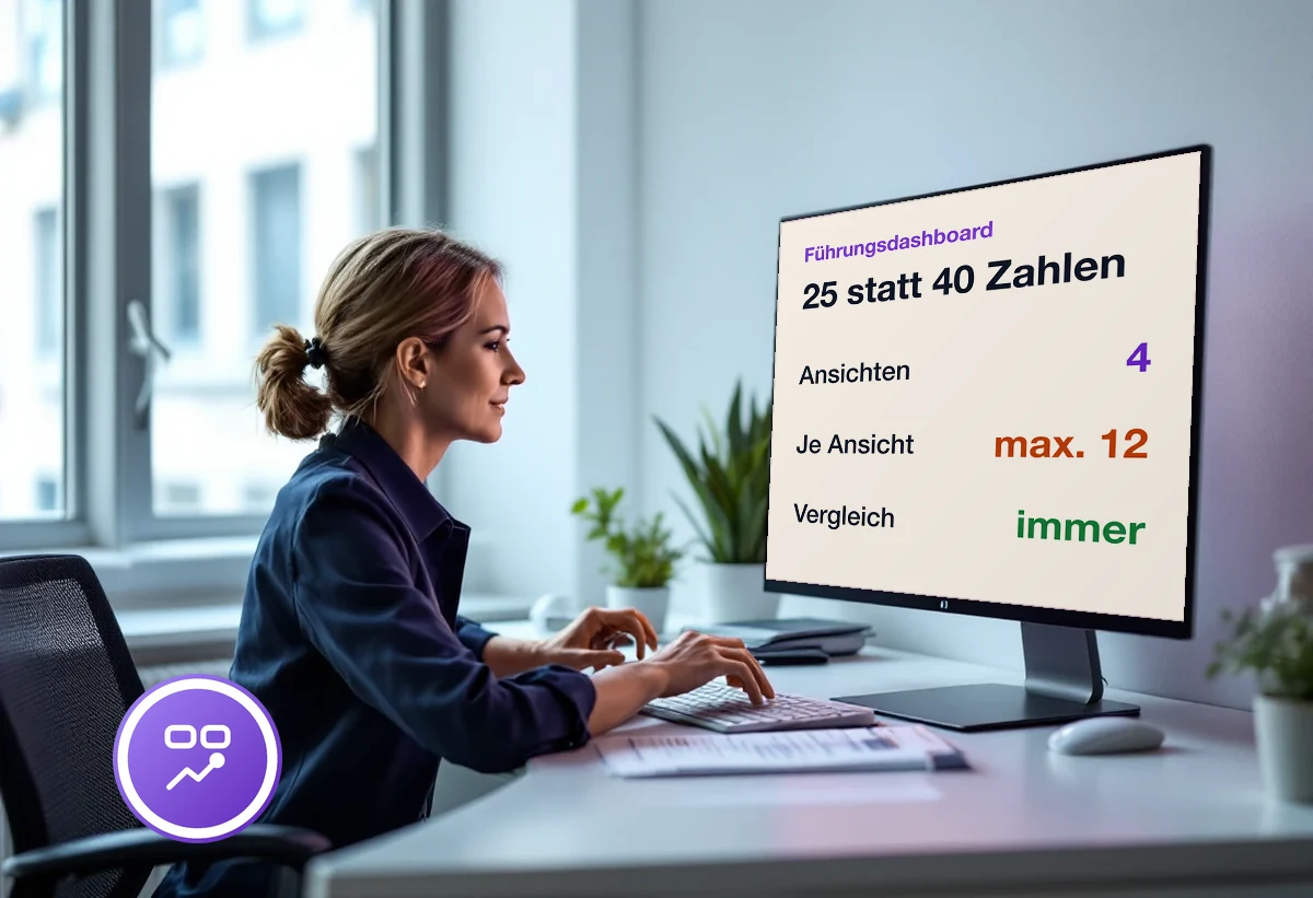 Bildschirm mit einem Führungsdashboard: 25 statt 40 Zahlen, verteilt auf vier Ansichten mit höchstens zwölf Zahlen je Ansicht, jede Zahl mit Vergleich