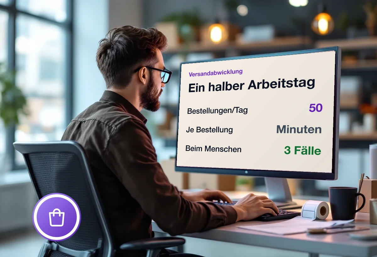 Bildschirm mit dem Zeitposten Versand: bei 50 Bestellungen am Tag und wenigen Minuten je Bestellung ein halber Arbeitstag - drei Fälle bleiben beim Menschen