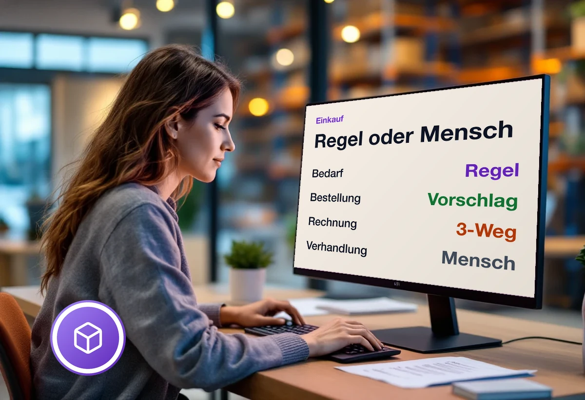 Bildschirm mit der Grenze im Einkauf: Bedarf aus Regel, Bestellung als Vorschlag, Rechnung im Dreiweg-Abgleich - die Verhandlung bleibt beim Menschen
