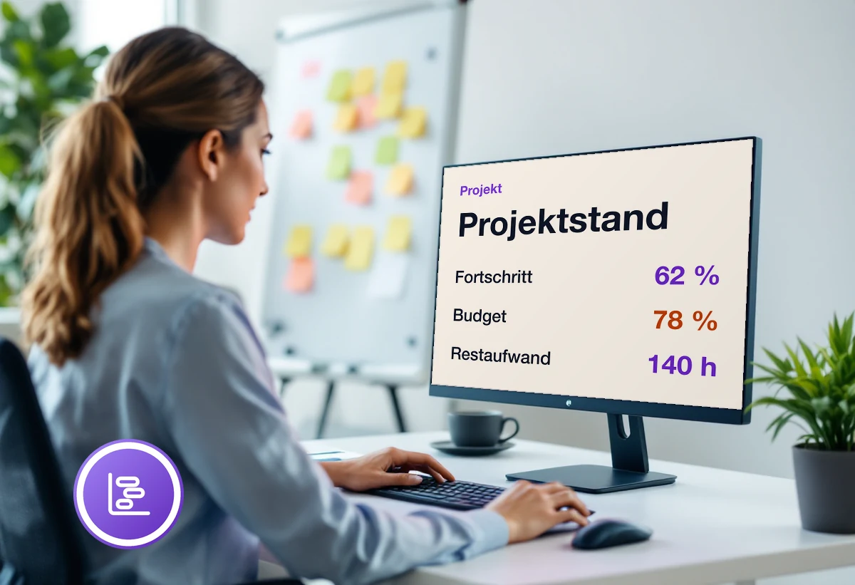 Bildschirm mit Restaufwand und Fortschritt eines laufenden Projekts