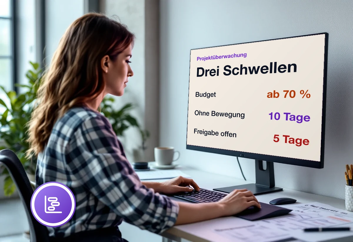 Bildschirm mit der Projektüberwachung: Meldung ab 70 Prozent des Budgets, Arbeitspakete ohne Bewegung seit zehn Tagen, Freigaben seit fünf Tagen offen
