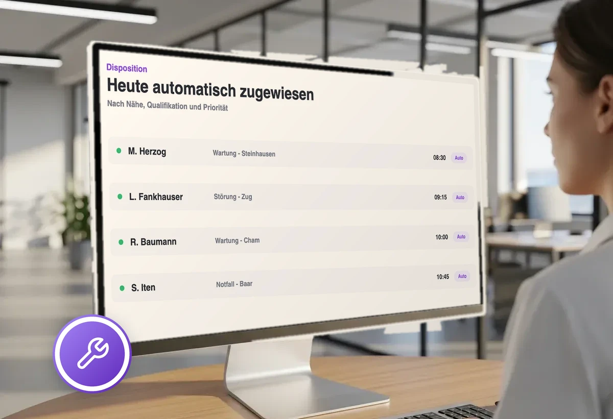Bildschirm mit automatisch zugewiesener Einsatzplanung: Techniker, Route und Status auf einer Karte