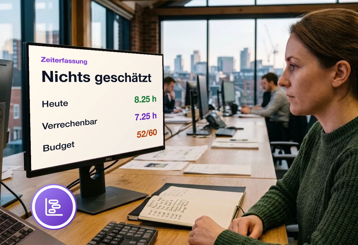 Projektmitarbeiterin eines Ingenieurbüros im Dachgeschossbüro liest am Bildschirm ihre erfassten Stunden des Tages ab, daneben ein Notizbuch mit handschriftlichen Zeiten