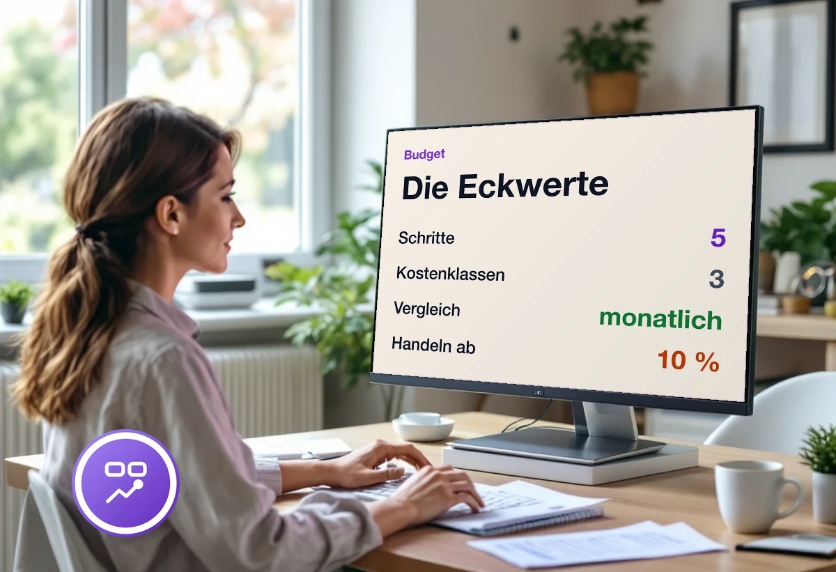 Bildschirm mit den Eckwerten eines Budgets: fünf Schritte, drei Kostenklassen, monatlicher Vergleich, Handlungsbedarf ab zehn Prozent Abweichung