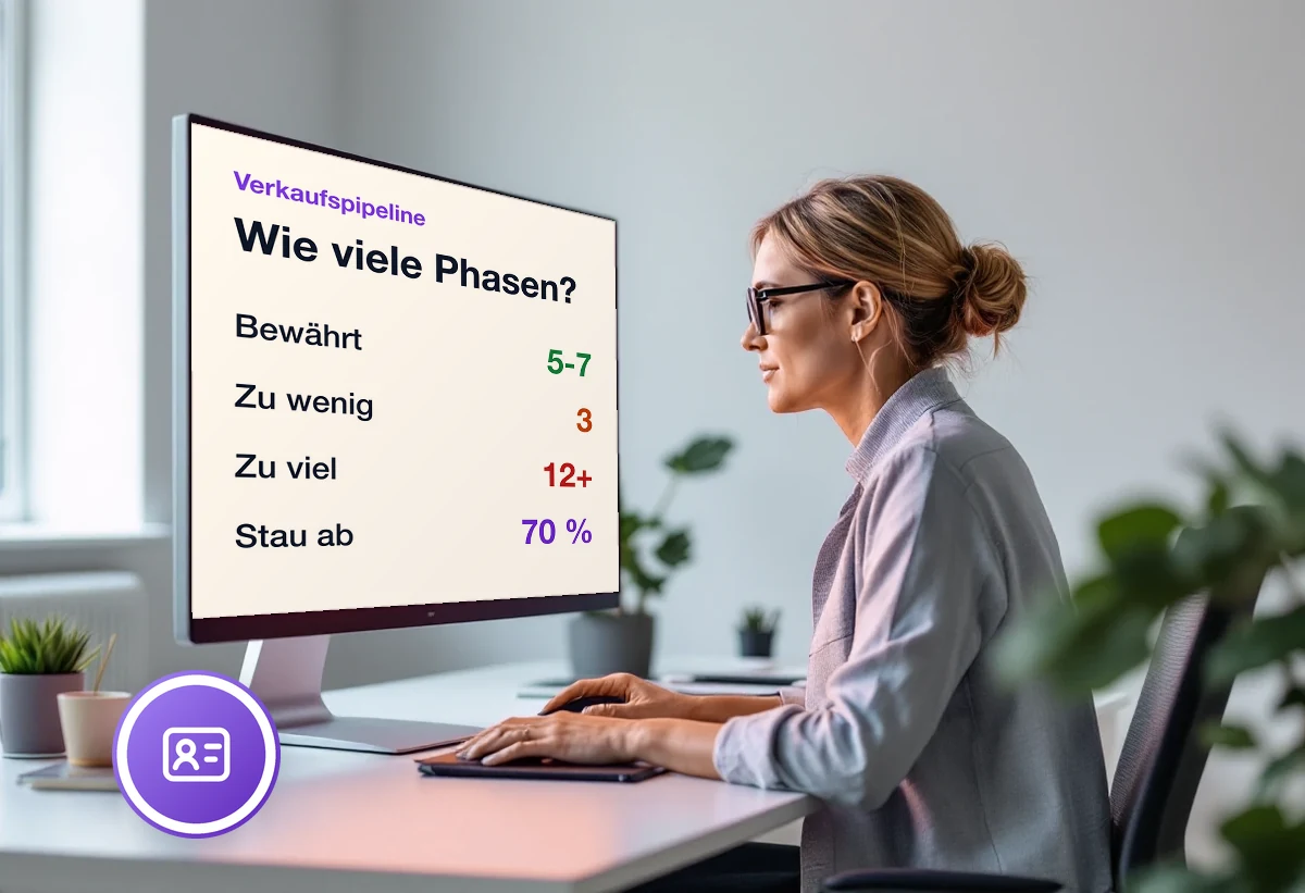 Bildschirm mit der Frage nach der Phasenzahl einer Verkaufspipeline: bewährt sind fünf bis sieben, drei sagen nichts, ab zwölf wird nachgetragen, ab 70 Prozent in einer Phase staut es