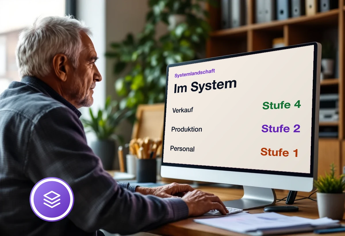 Bildschirm mit Übersicht der angebundenen Unternehmensbereiche und ihrem Stand