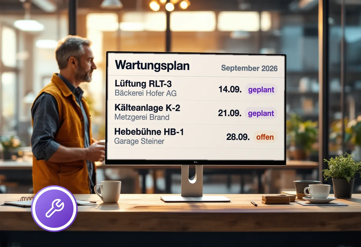 Bildschirm mit einem Wartungsplan: drei anstehende Anlagenwartungen mit Kunde und Termin, daneben ein Serviceverantwortlicher